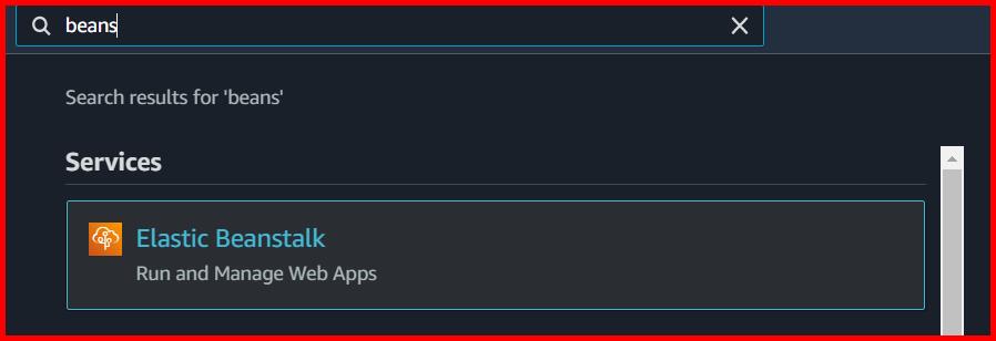 Picture showing the Elastic Beanstalk service in the search result